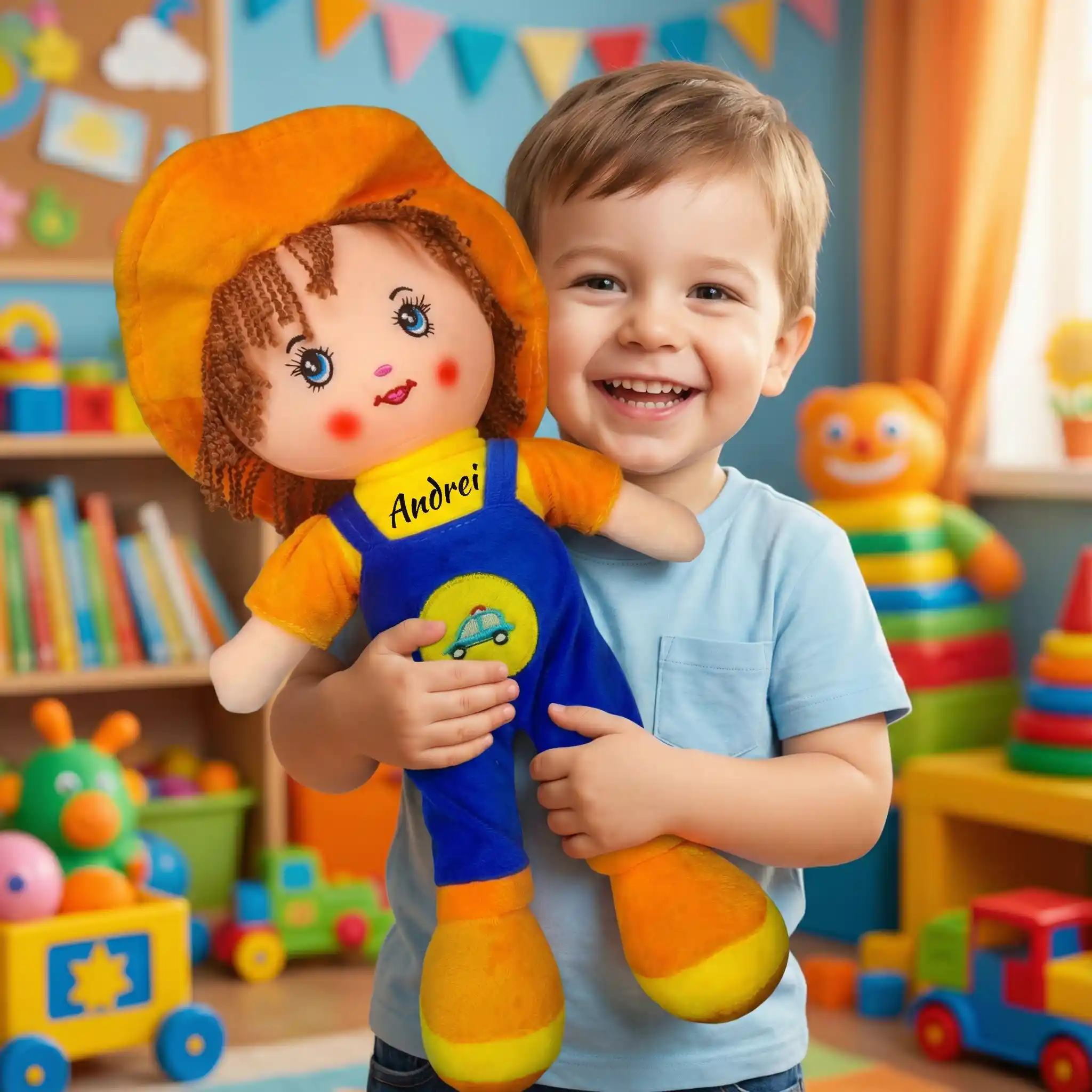 Papusa Personalizata Baietel cu Palarie Portocalie Papusa Personalizata Baietel cu Palarie Portocalie