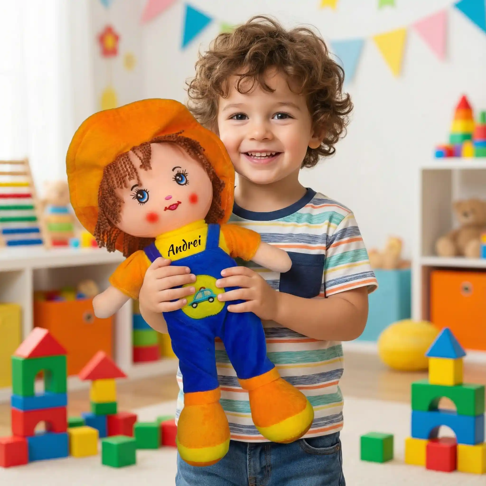 Papusa Personalizata Baietel cu Palarie Portocalie1 Papusa Personalizata Baietel cu Palarie Portocalie