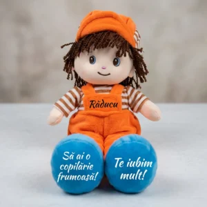 Papusa Personalizata Baietel cu salopeta portocalie Papusa Personalizata Baietel cu salopeta Portocalie