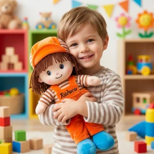 Papusa Personalizata Baietel cu salopeta portocalie1 Papusa Personalizata Baietel cu salopeta Portocalie