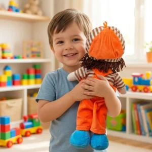 Papusa Personalizata Baietel cu salopeta portocalie2 Papusa Personalizata Baietel cu salopeta Portocalie