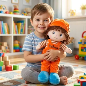 Papusa Personalizata Baietel cu salopeta Portocalie Papusa Personalizata Baietel cu salopeta Portocalie