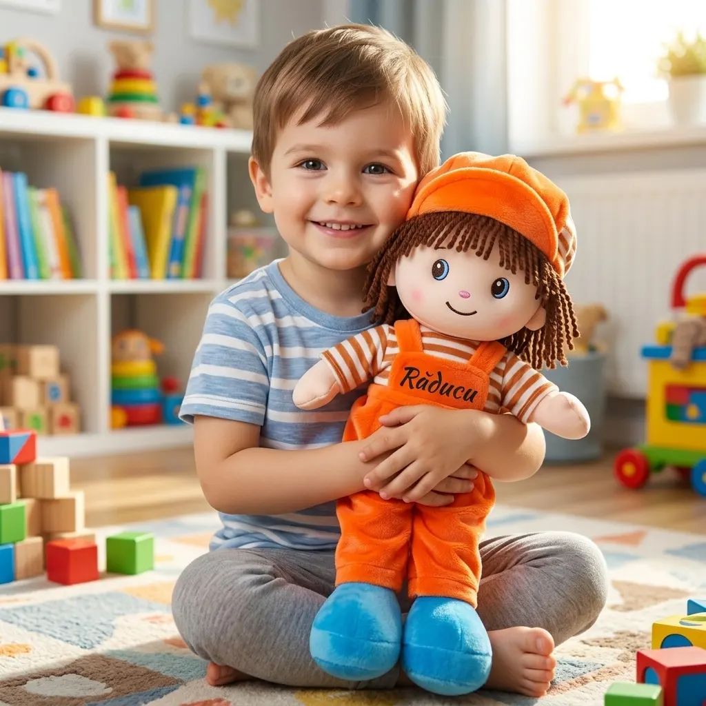 Papusa Personalizata Baietel cu salopeta Portocalie Papusa Personalizata Baietel cu salopeta Portocalie