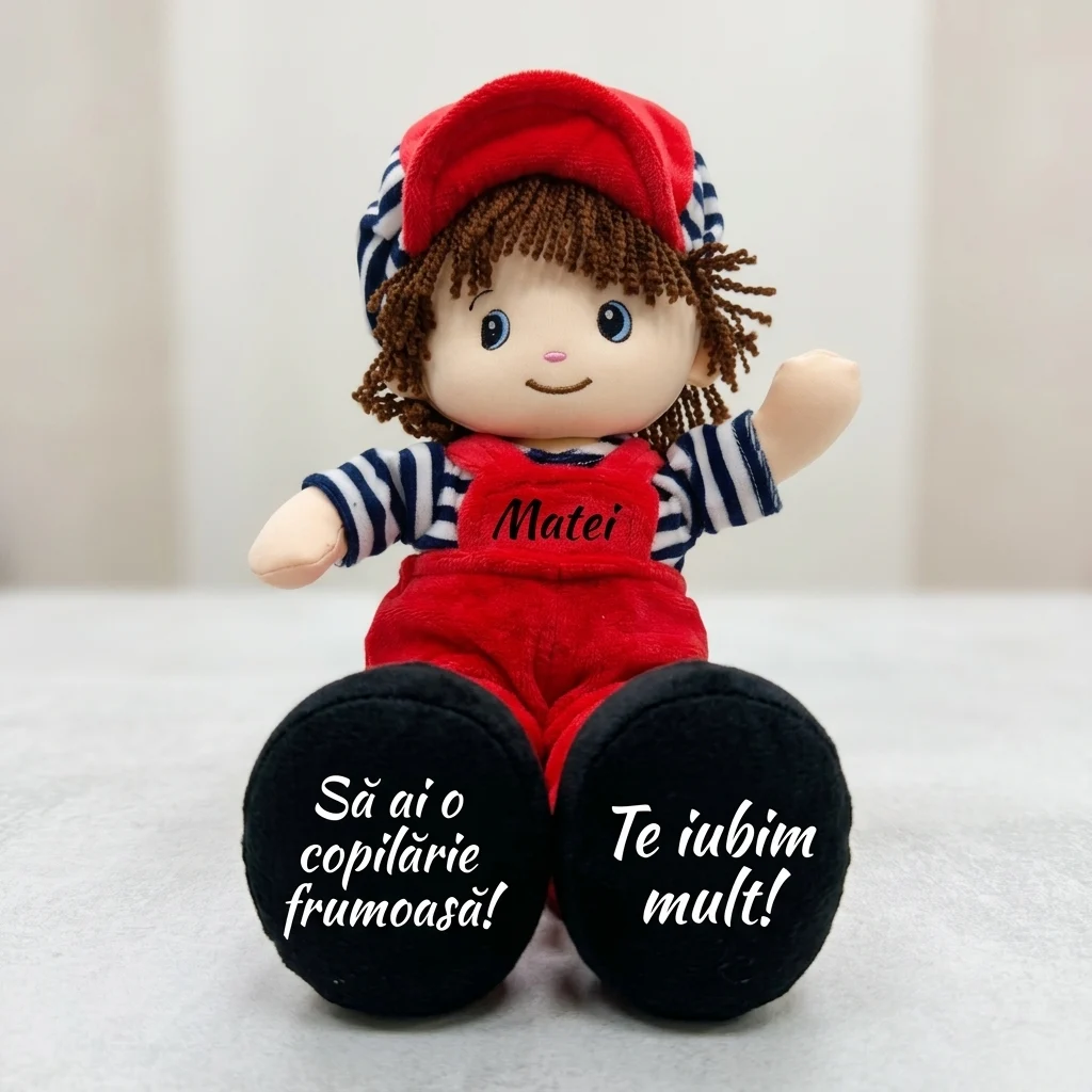 Papusa Personalizata Baietel cu salopeta rosie Papusa Personalizata Baietel cu salopeta rosie