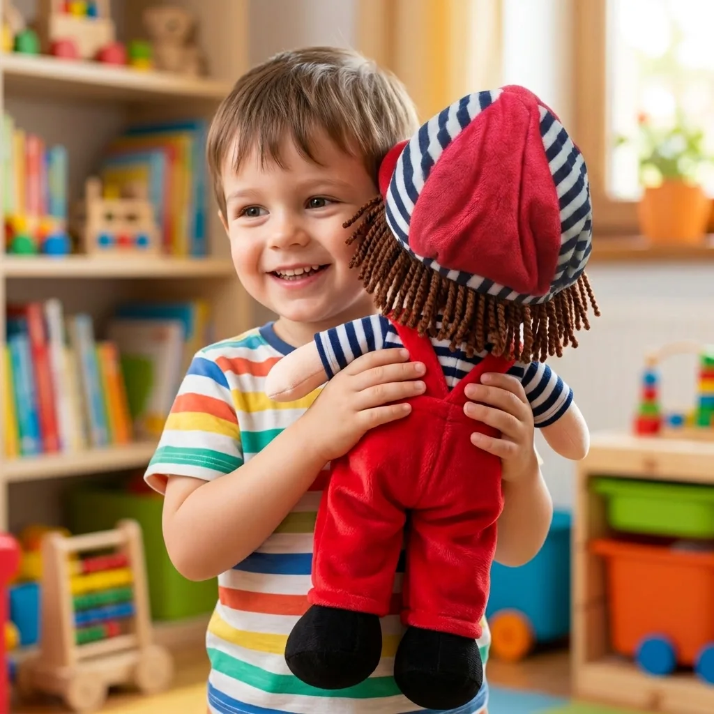 Papusa Personalizata Baietel cu salopeta rosie1 Papusa Personalizata Baietel cu salopeta rosie