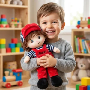 Papusa Personalizata Baietel cu salopeta rosie2 Papusa Personalizata Baietel cu salopeta rosie
