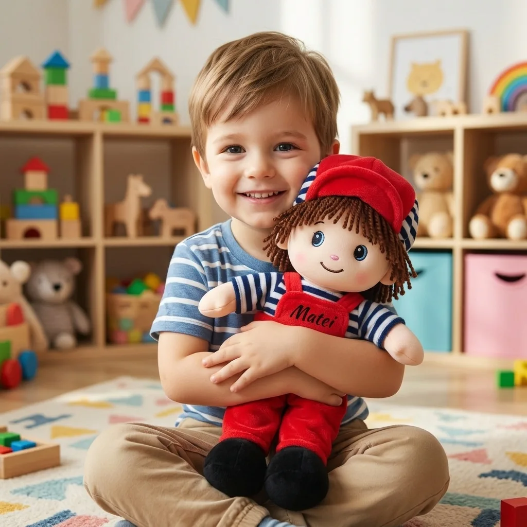Papusa Personalizata Baietel cu salopeta rosie3 Papusa Personalizata Baietel cu salopeta rosie