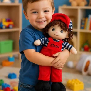 Papusa Personalizata Baietel cu salopeta rosie4 Papusa Personalizata Baietel cu salopeta rosie