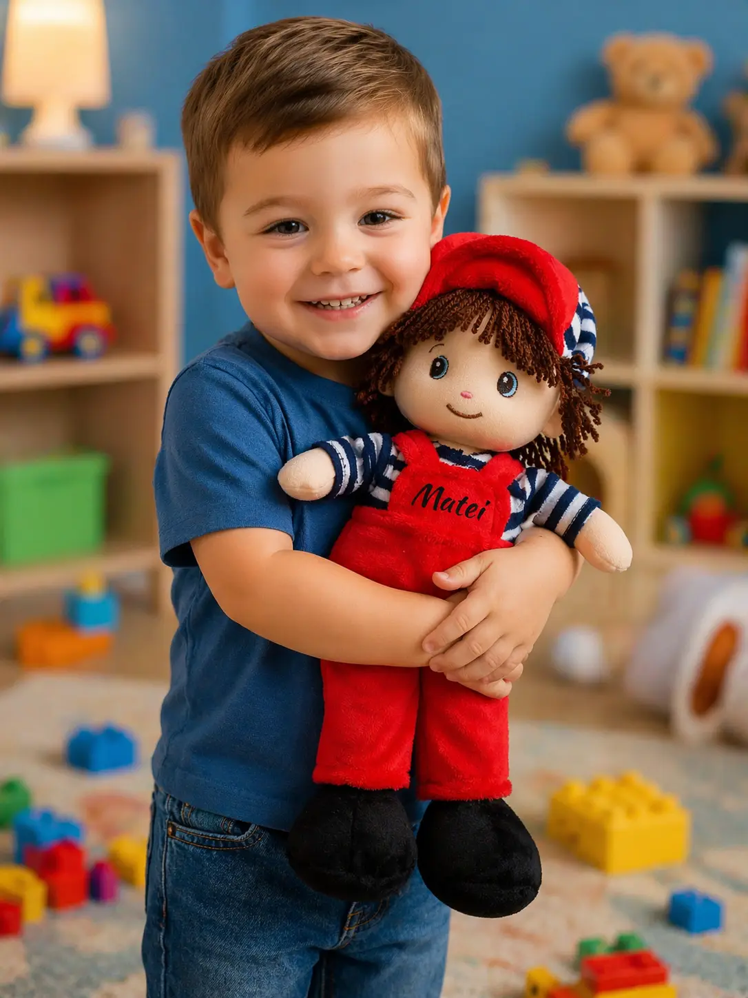 Papusa Personalizata Baietel cu salopeta rosie4 Papusa Personalizata Baietel cu salopeta rosie