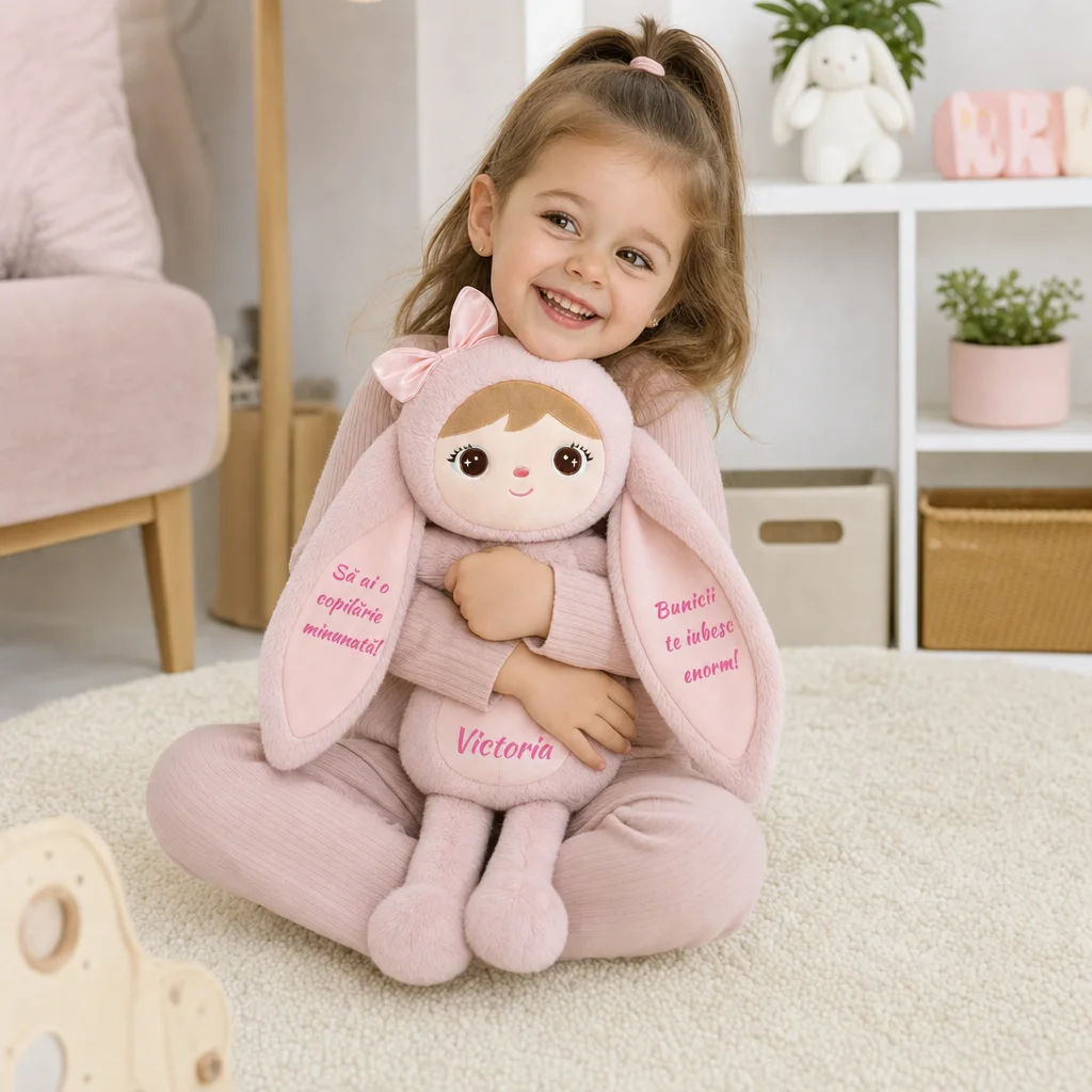 Papusa Personalizata iepurita cu Blanita Roz (6) Papusa Personalizata iepurita cu Blanita Roz