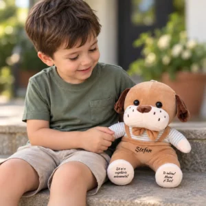 Cățelușul Morocănos – personalizat Cățelușul Morocănos personalizat, lângă un băiețel, cu fundal blurat