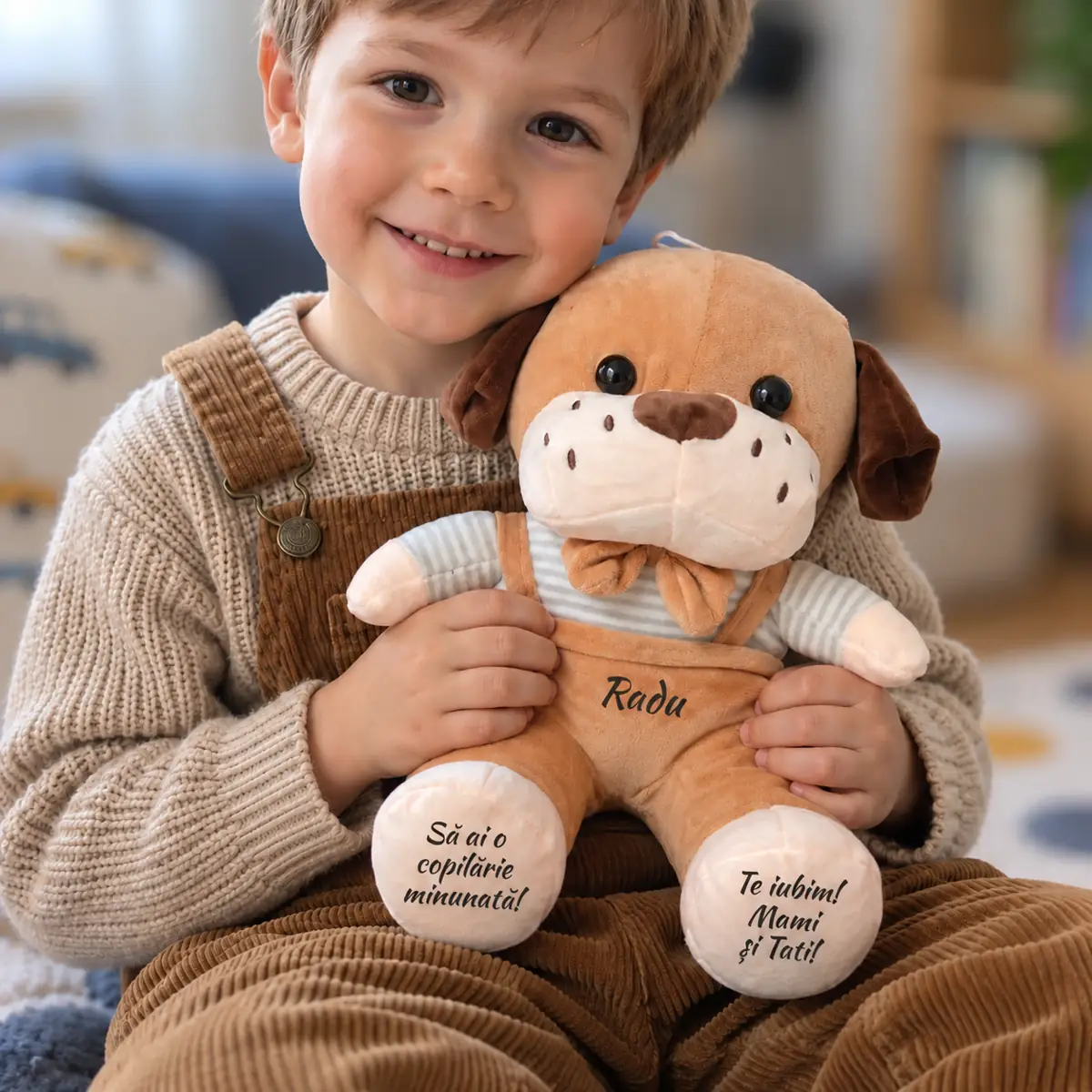Cățelușul Morocănos – personalizare talpi Detaliu personalizare Cățelușul Morocănos: numele Radu și mesaje pe tălpi