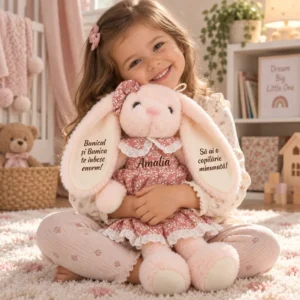 Iepuriță personalizată cu rochiță, 45 cm – Amalia și mesaj de la bunici Copil așezat pe covor îmbrățișând o iepuriță roz cu rochiță florală, numele Amalia și mesaje pe urechi.