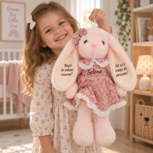 Iepuriță personalizată cu rochiță, 45 cm – Selena, prezentare frontală Copil ținând de agățătoare o iepuriță roz cu rochiță florală, numele Selena pe piept și mesaje pe urechi.