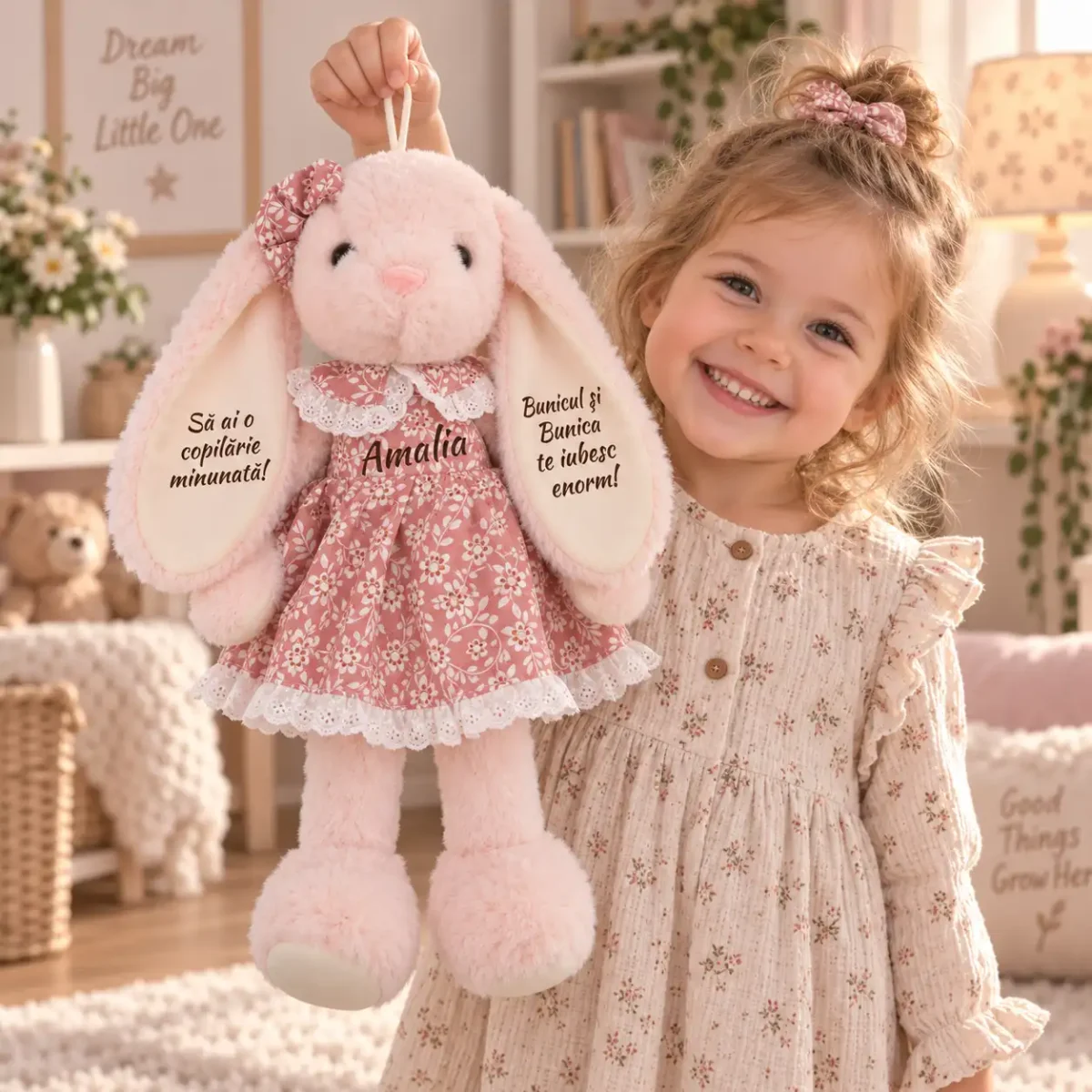 Iepuriță personalizată cu rochiță, 45 cm – Amalia, ținută de agățătoare Iepuriță roz cu numele Amalia pe rochița florală și mesaje pe urechi, ținută de agățătoare lângă un copil.