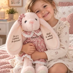 Iepuriță personalizată cu rochiță, 45 cm – Amalia și mesaj de la nași Copil pe pat ținând o iepuriță roz cu rochiță florală, numele Amalia pe piept și un mesaj de la nași pe ureche.