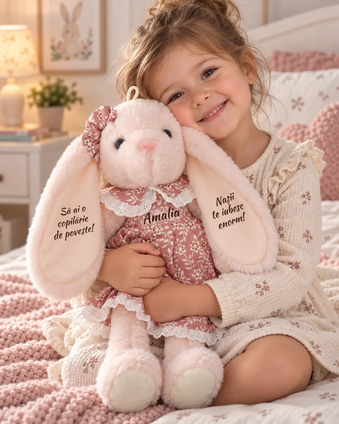 Iepuriță personalizată cu rochiță, 45 cm – Amalia și mesaj de la nași Copil pe pat ținând o iepuriță roz cu rochiță florală, numele Amalia pe piept și un mesaj de la nași pe ureche.