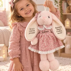 Iepuriță personalizată cu rochiță, 45 cm – Selena și mesaj de la bunici Copil în rochie roz ținând de agățătoare o iepuriță cu numele Selena, rochiță florală și mesaje pe urechi.