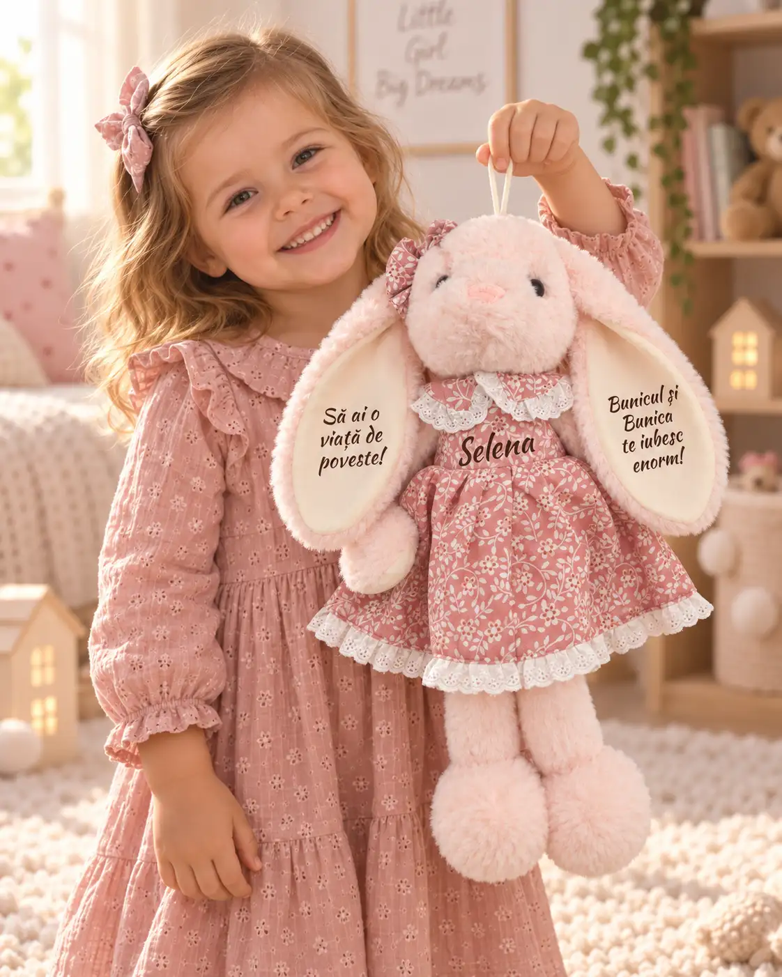 Iepuriță personalizată cu rochiță, 45 cm – Selena și mesaj de la bunici Copil în rochie roz ținând de agățătoare o iepuriță cu numele Selena, rochiță florală și mesaje pe urechi.