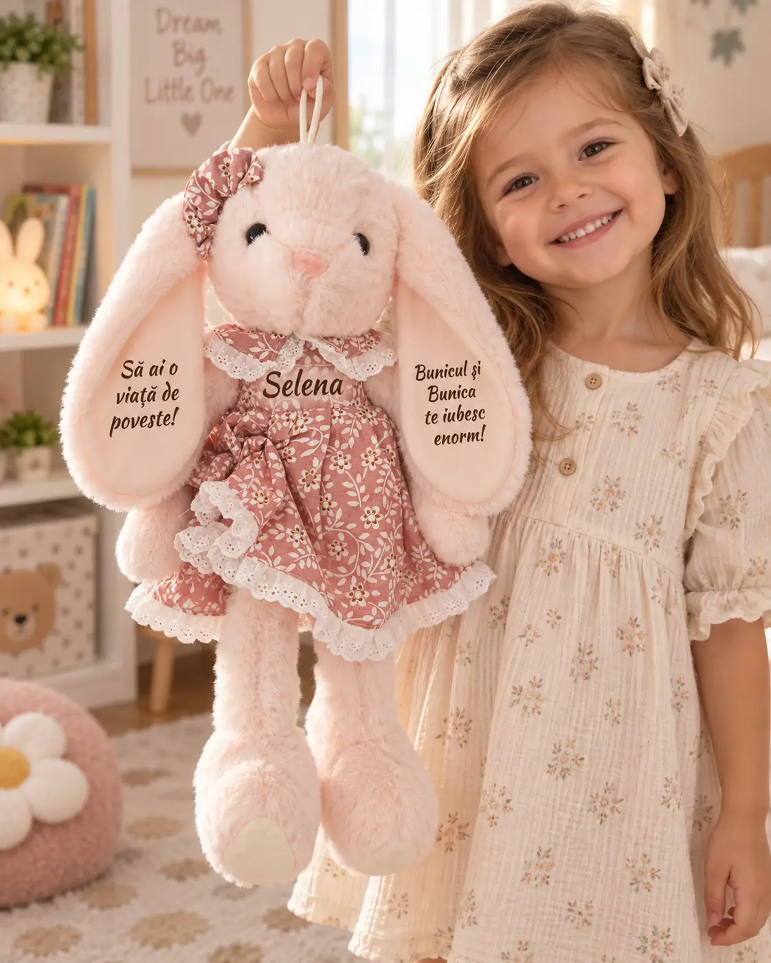 Iepuriță cu rochiță florală, 45 cm – Selena, detaliu frontal al personalizării Iepuriță roz cu numele Selena pe rochița florală, ținută de un copil în rochie crem, cu mesaje vizibile pe urechi.