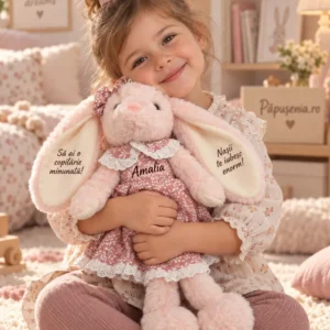 Iepuriță personalizată cu rochiță, 45 cm – Amalia, îmbrățișare pe covor Copil pe covor îmbrățișând o iepuriță roz cu numele Amalia pe rochița florală și mesaje pe urechile desfăcute.