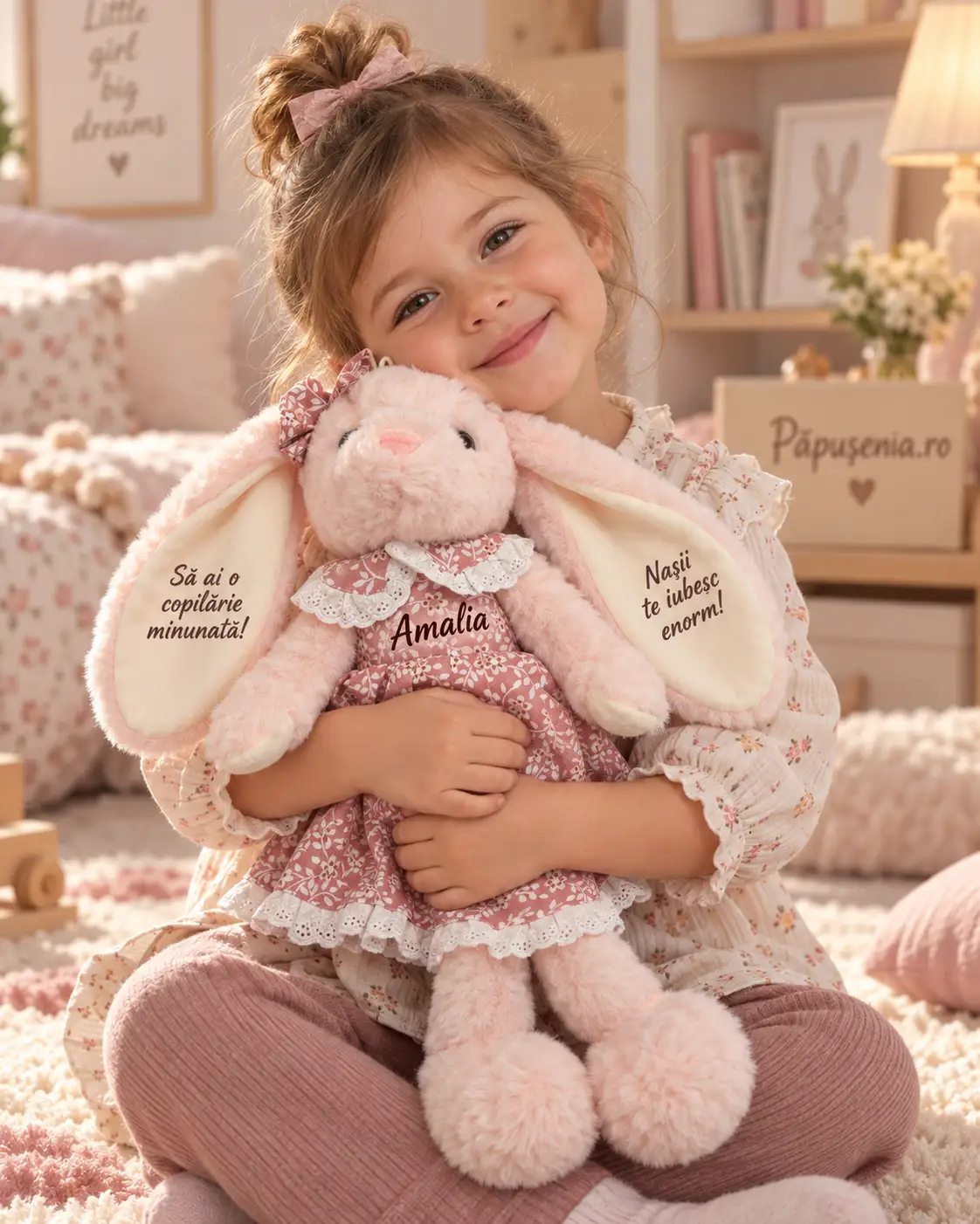 Iepuriță personalizată cu rochiță, 45 cm – Amalia, îmbrățișare pe covor Copil pe covor îmbrățișând o iepuriță roz cu numele Amalia pe rochița florală și mesaje pe urechile desfăcute.