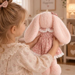 Iepuriță cu rochiță florală, 45 cm – detaliu din spate și urechi lungi Iepuriță roz văzută din spate, cu urechi lungi și rochiță florală cu dantelă albă, ținută în mâinile unui copil.
