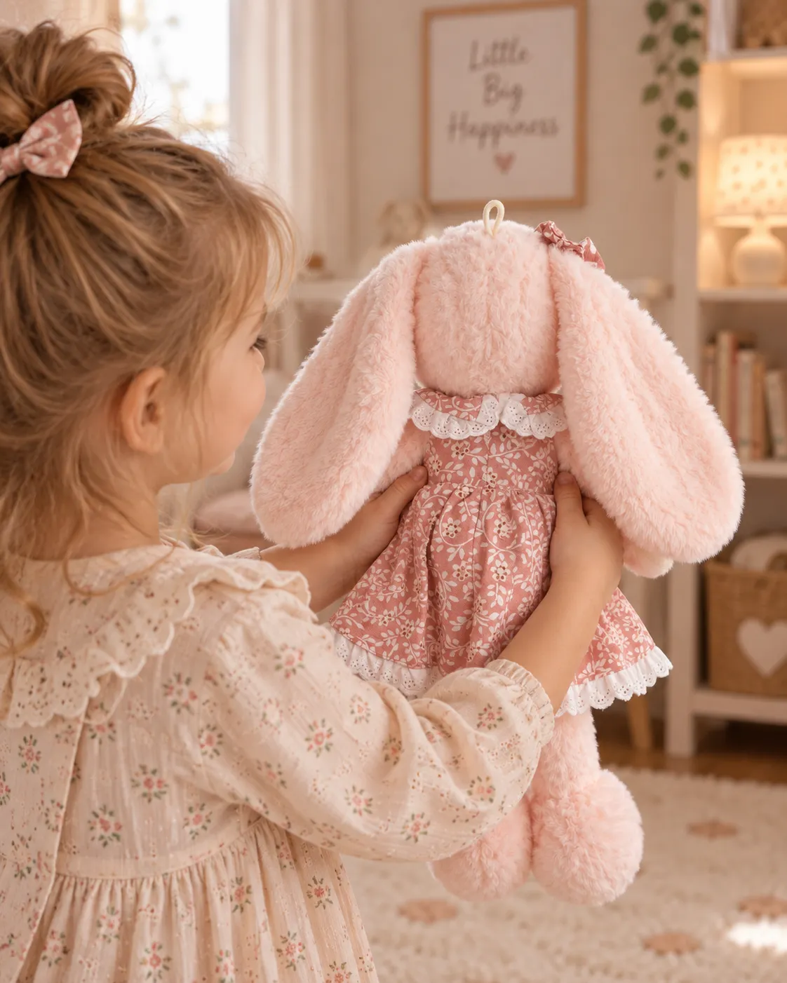 Iepuriță cu rochiță florală, 45 cm – detaliu din spate și urechi lungi Iepuriță roz văzută din spate, cu urechi lungi și rochiță florală cu dantelă albă, ținută în mâinile unui copil.