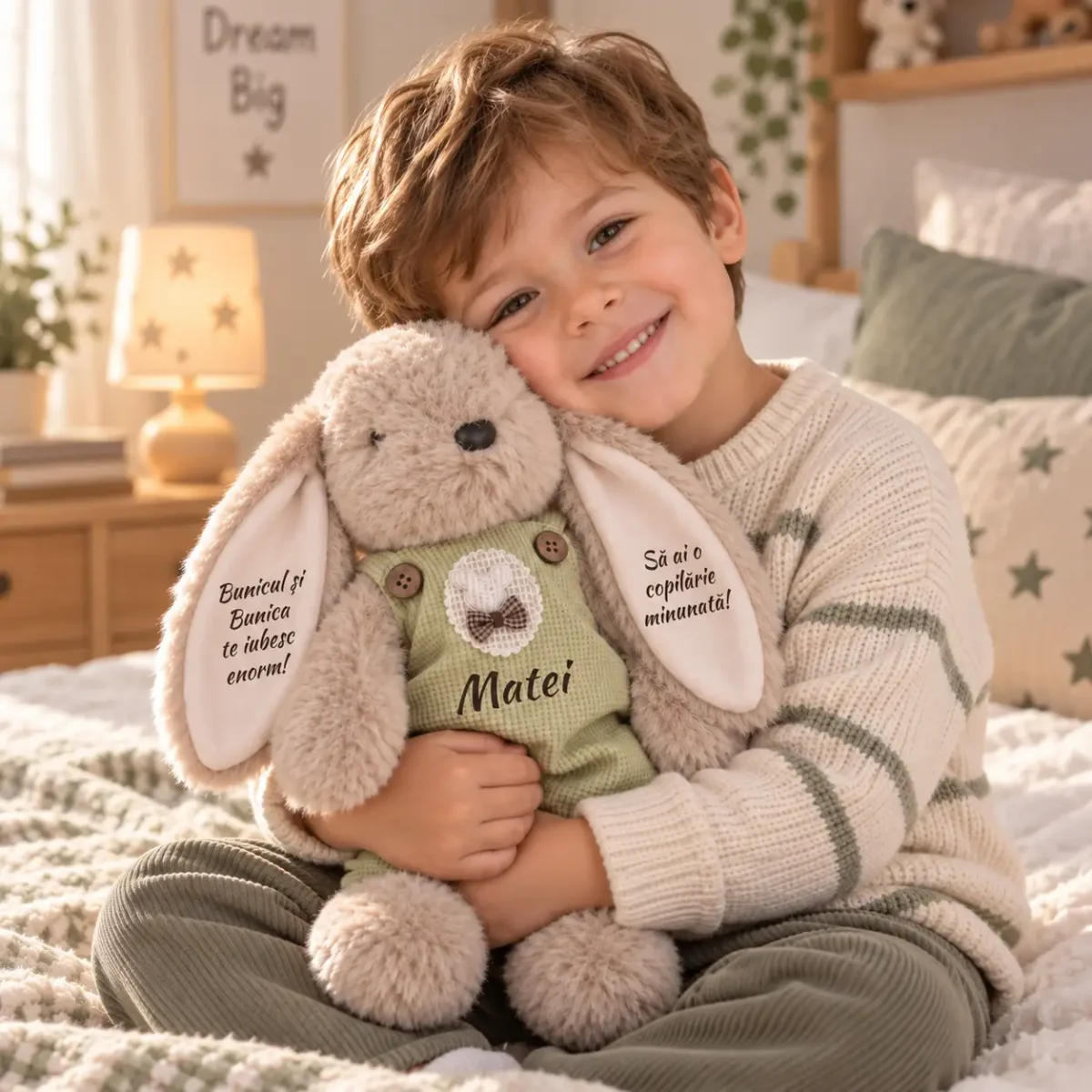 Iepuraș personalizat cu salopetă verde, 33 cm – mesaj de la bunici Copil ținând pe pat un iepuraș cu salopetă verde, numele Matei pe piept și un mesaj de la bunici pe ureche.