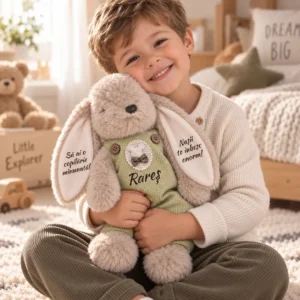 Iepuraș personalizat cu salopetă verde, 33 cm – Rareș și mesaj de la nași Iepuraș cu salopetă verde și numele Rareș pe piept, îmbrățișat de un copil, cu mesaje pe ambele urechi.
