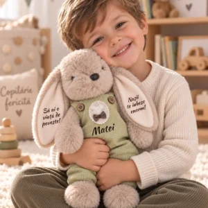 Iepuraș personalizat cu salopetă verde, 33 cm – Matei, ținut în brațe Copil îmbrățișând un iepuraș de pluș cu salopetă verde, numele Matei pe piept și mesaje pe urechi.
