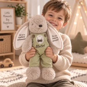 Iepuraș personalizat cu salopetă verde, 33 cm – vedere frontală cu urări Copil prezentând frontal un iepuraș cu salopetă verde, numele Matei pe piept și urări pe interiorul urechilor.