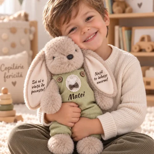 Iepuraș personalizat cu salopetă verde, 33 cm – Matei, ținut în brațe Copil îmbrățișând un iepuraș de pluș cu salopetă verde, numele Matei pe piept și mesaje pe urechi.