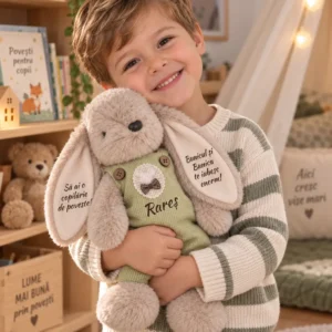 Iepuraș personalizat cu salopetă verde, 33 cm – Rareș și mesaj de la bunici Copil în picioare ținând un iepuraș cu salopetă verde, numele Rareș pe piept și mesaj de la bunici pe ureche.