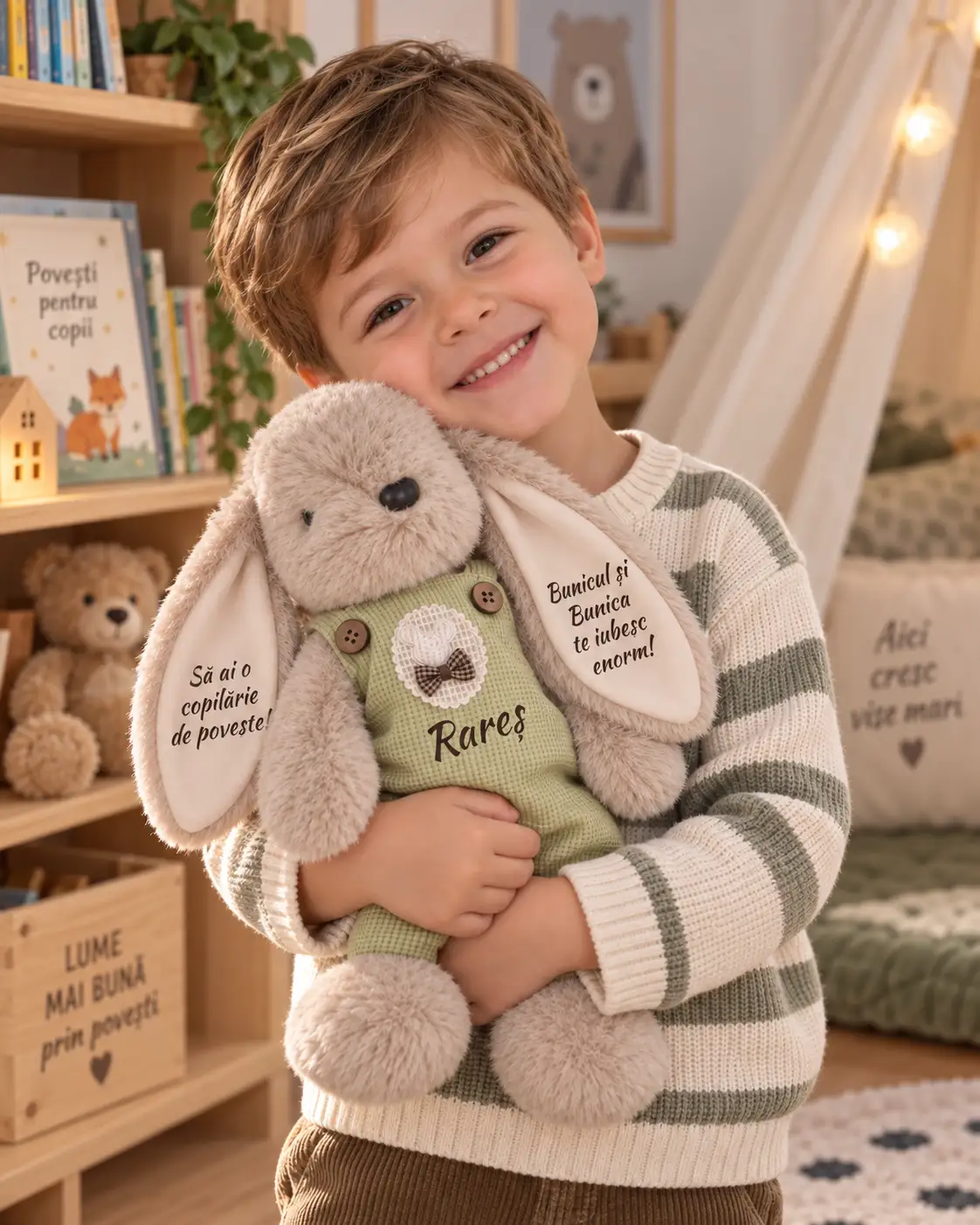 Iepuraș personalizat cu salopetă verde, 33 cm – Rareș și mesaj de la bunici Copil în picioare ținând un iepuraș cu salopetă verde, numele Rareș pe piept și mesaj de la bunici pe ureche.