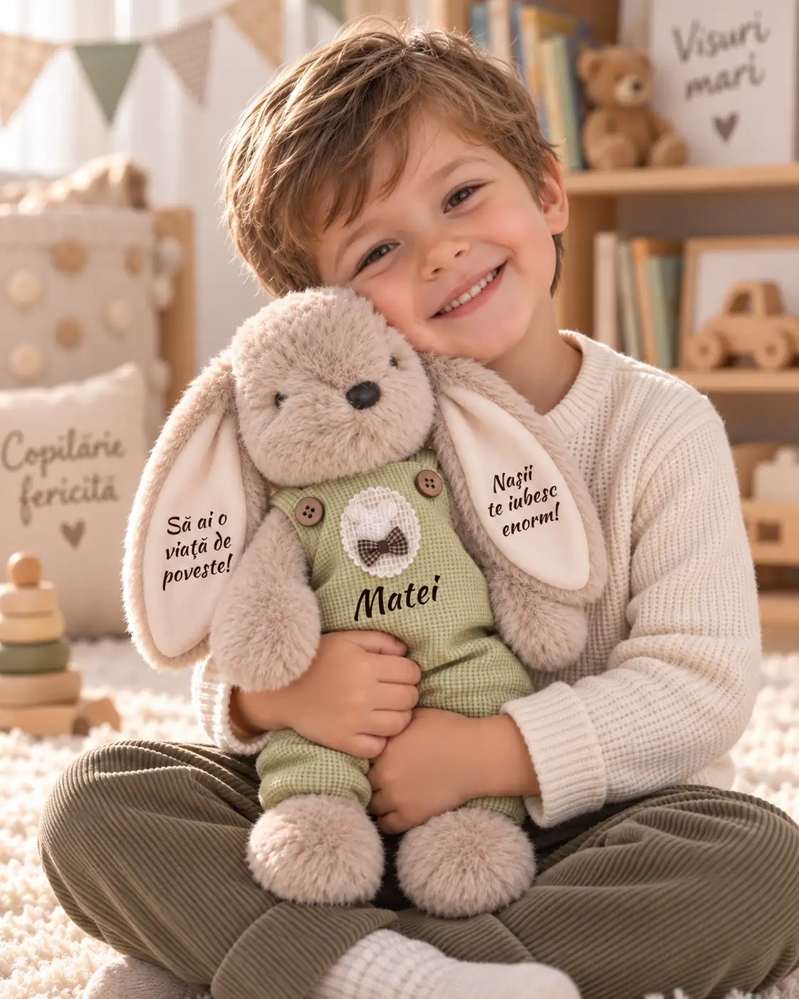 Iepuraș personalizat cu salopetă verde, 33 cm – Matei, ținut în brațe Copil îmbrățișând un iepuraș de pluș cu salopetă verde, numele Matei pe piept și mesaje pe urechi.
